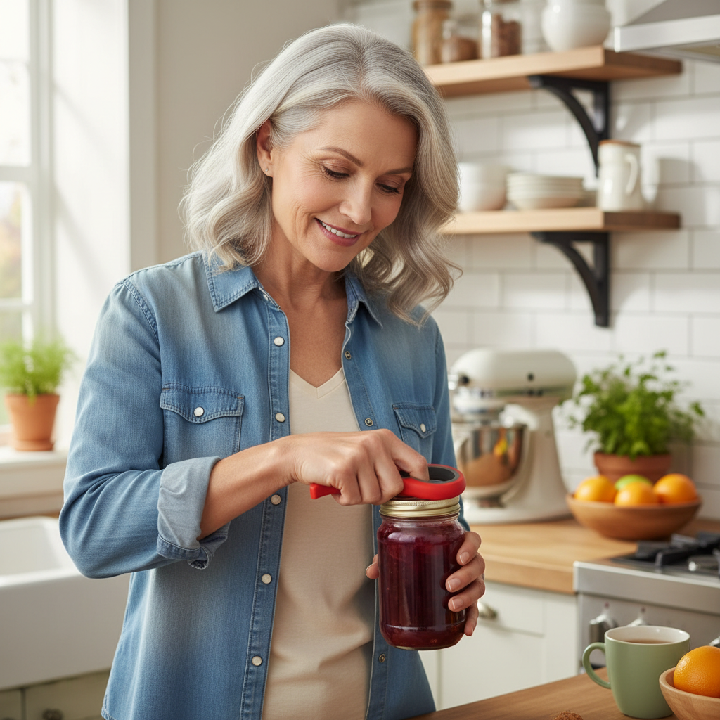 Femme utilisant l'ouvre bocal en forme de clé