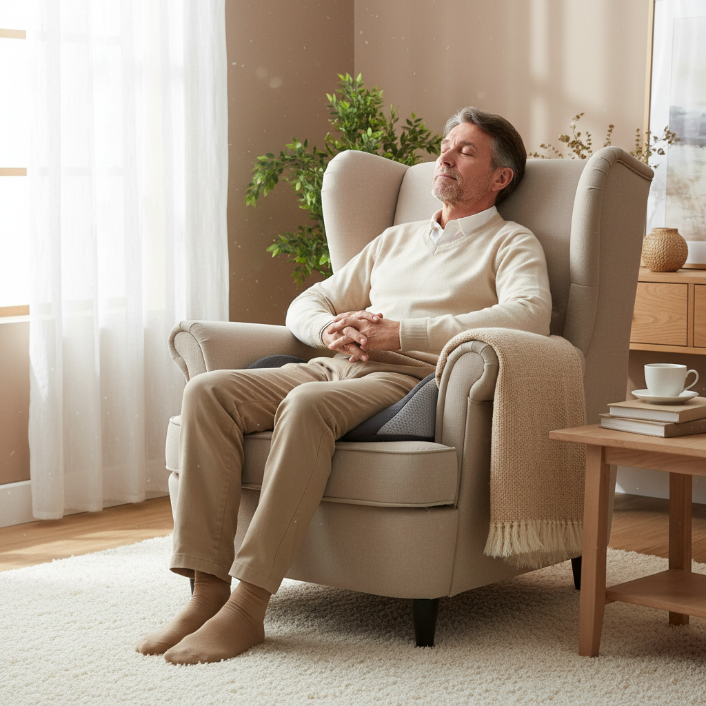 Homme relaxant dans fauteuil avec coussin